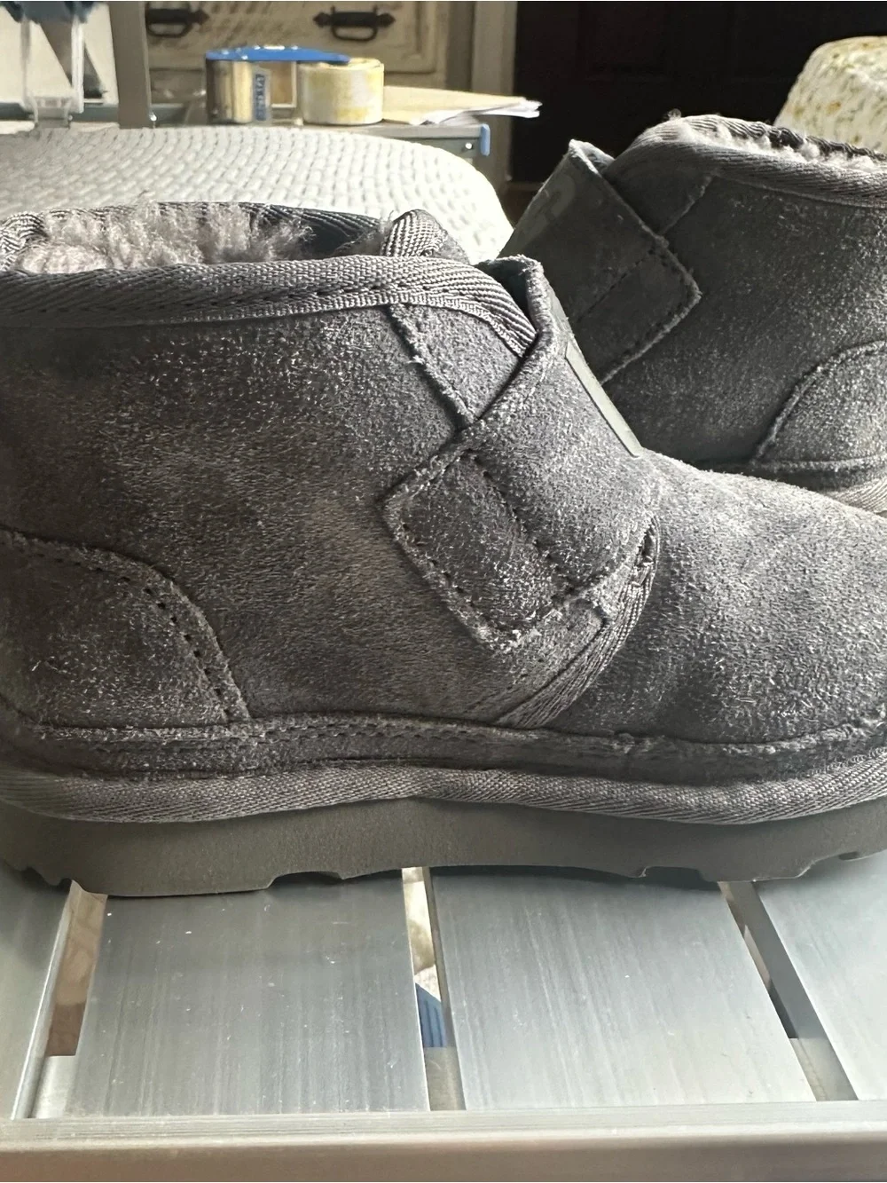 UGG Kids Charcoal Gray Suede Shearling Strap Slippers